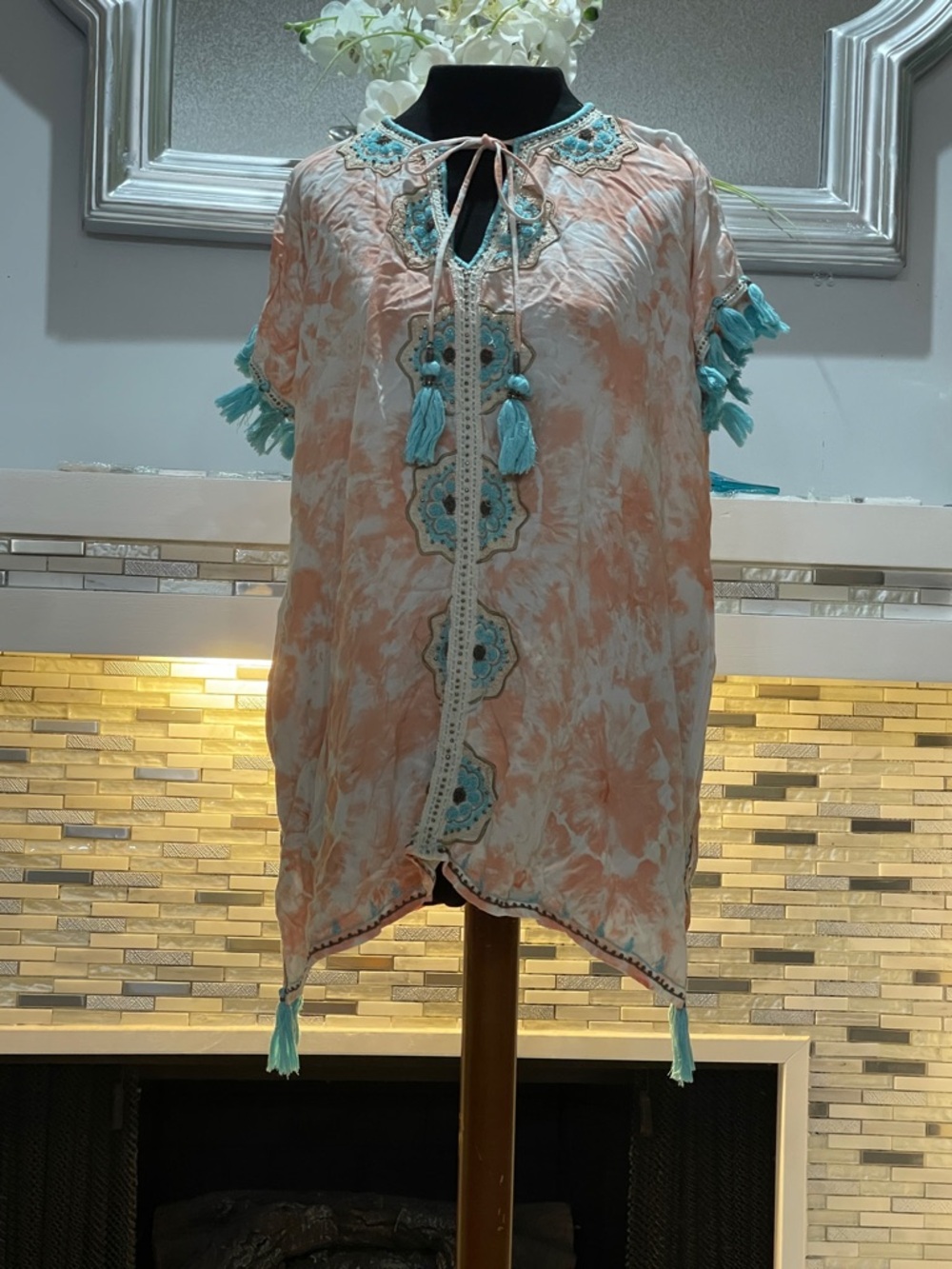 Skemo Peach and Teal Tassel Embroidered Kaftan Top size S